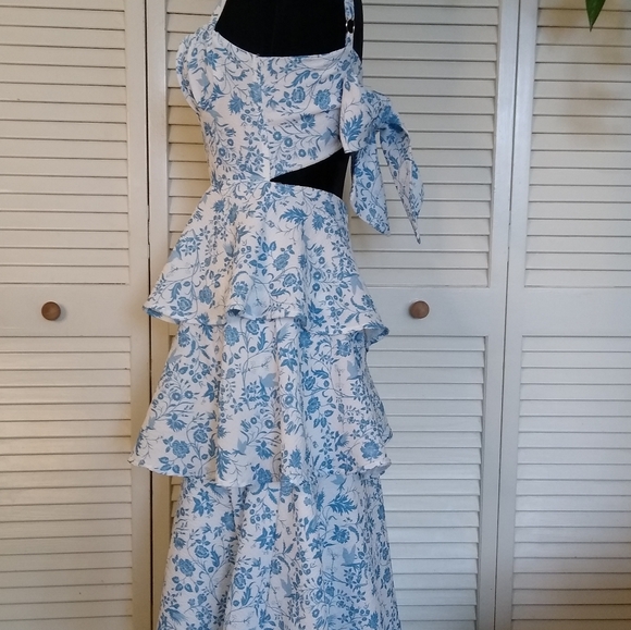 Selfie Leslie Blue Floral Peplum Ruffle Tiered Midi Dress Bow Back XS - Picture 7 of 11